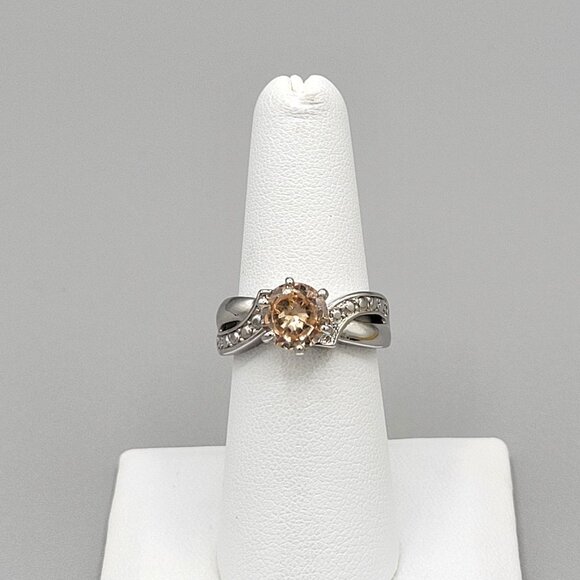 Silver Tone Citrine Cocktail Ring Studded Side Accents Size 6 3/4 - Picture 3 of 8